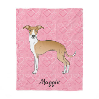 Fawn And White Italian Greyhound On Pink Hearts Fleece Blanket