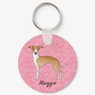 Fawn And White Italian Greyhound On Pink Hearts Keychain