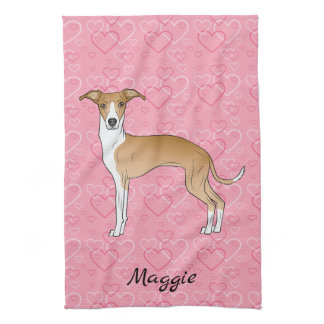 Fawn And White Italian Greyhound On Pink Hearts Kitchen Towel