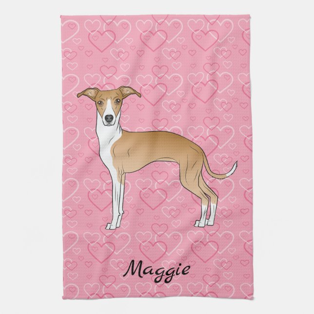 Fawn And White Italian Greyhound On Pink Hearts Kitchen Towel (Vertical)