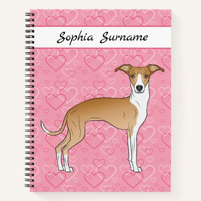Fawn And White Italian Greyhound On Pink Hearts Notebook (Front)