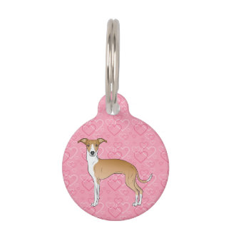 Fawn And White Italian Greyhound On Pink Hearts Pet ID Tag