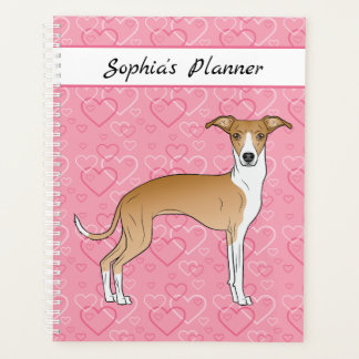 Fawn And White Italian Greyhound On Pink Hearts Planner