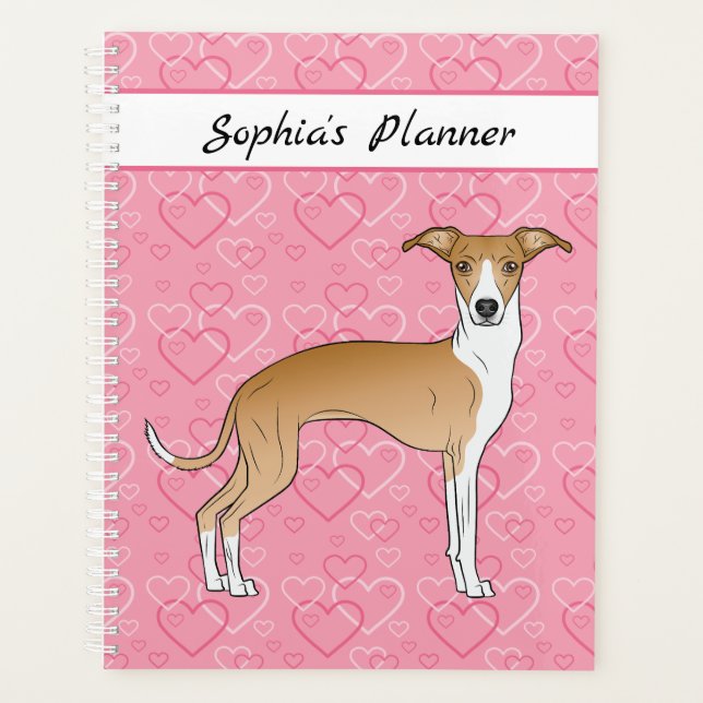 Fawn And White Italian Greyhound On Pink Hearts Planner (Front)