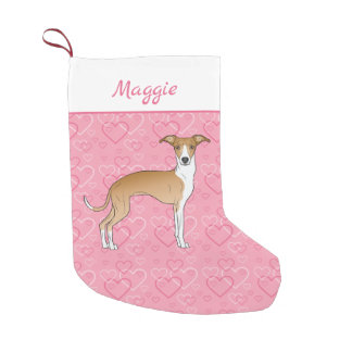 Fawn And White Italian Greyhound On Pink Hearts Small Christmas Stocking