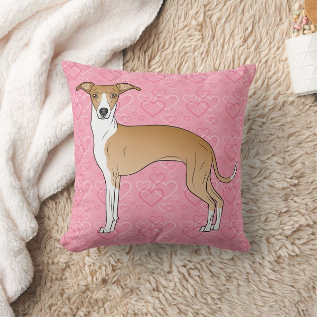 Fawn And White Italian Greyhound On Pink Hearts Throw Pillow (Blanket)