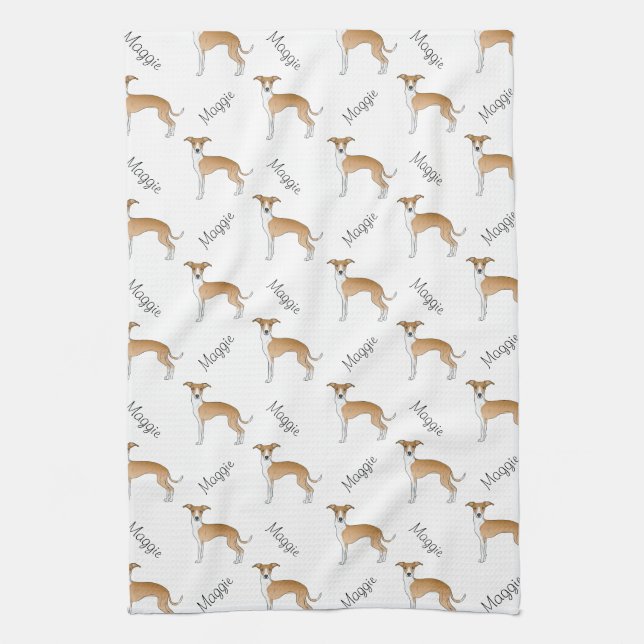 Fawn And White Italian Greyhound Pattern With Name Kitchen Towel (Vertical)