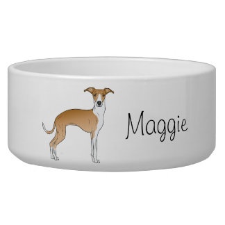 Fawn And White Italian Greyhound With Custom Name Bowl
