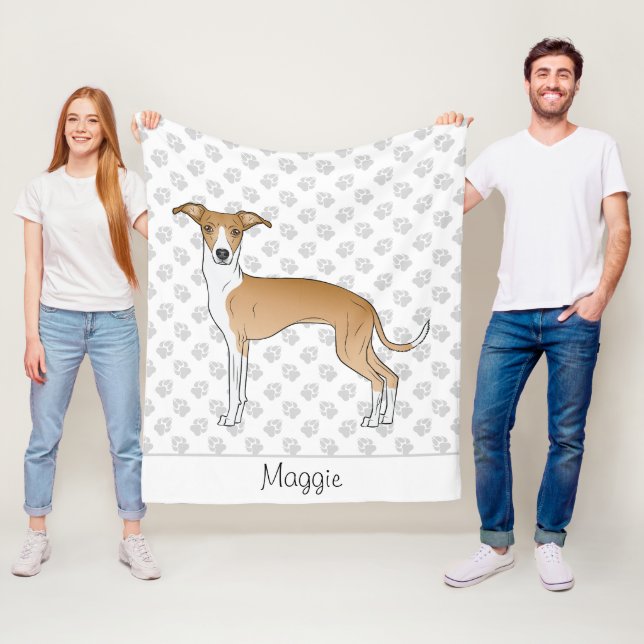 Fawn And White Italian Greyhound With Custom Name Fleece Blanket (In Situ)