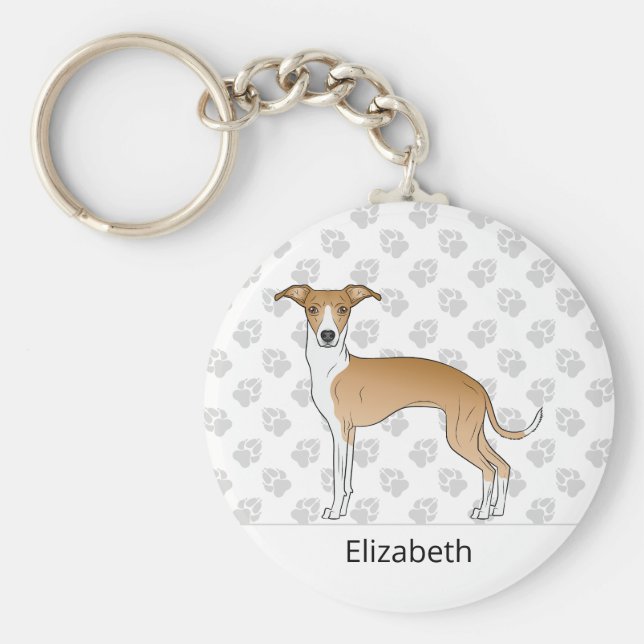 Fawn And White Italian Greyhound With Custom Name Keychain (Front)