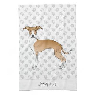 Fawn And White Italian Greyhound With Custom Name Kitchen Towel