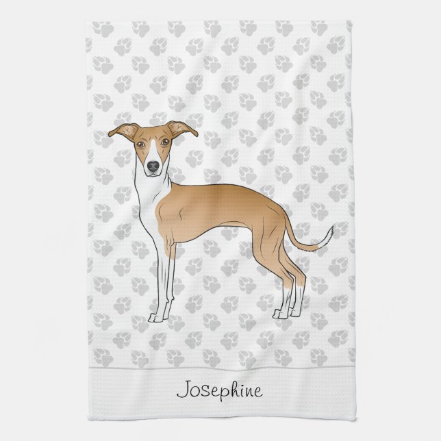 Fawn And White Italian Greyhound With Custom Name Kitchen Towel (Vertical)