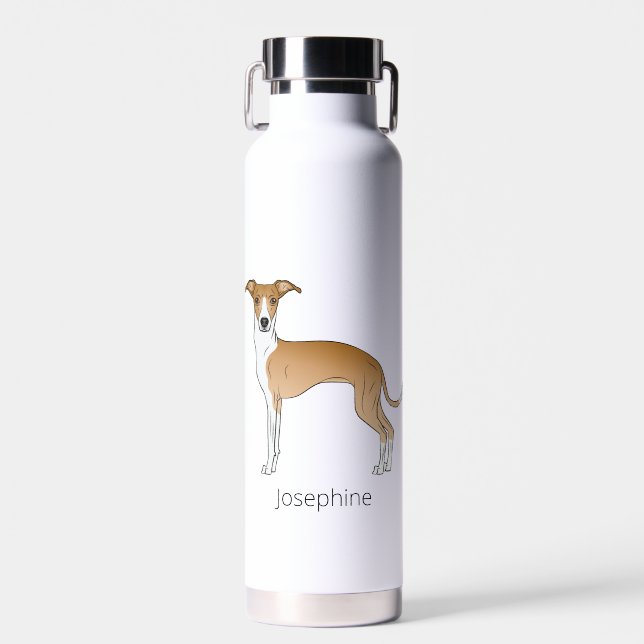 Fawn And White Italian Greyhound With Custom Name Water Bottle (Front)