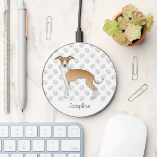 Fawn And White Italian Greyhound With Custom Name Wireless Charger