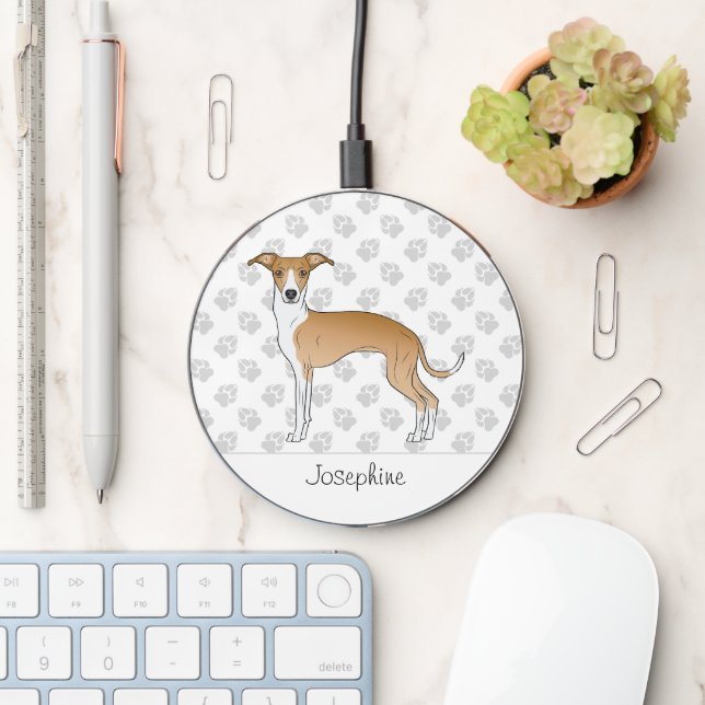 Fawn And White Italian Greyhound With Custom Name Wireless Charger (Desk)