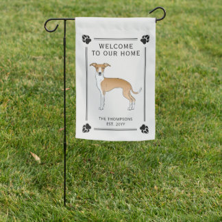 Fawn And White Italian Greyhound With Paws & Text Garden Flag