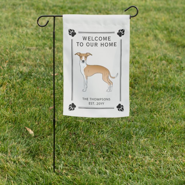 Fawn And White Italian Greyhound With Paws & Text Garden Flag (In SItu)