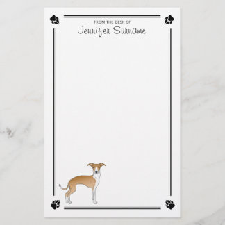 Fawn And White Italian Greyhound With Paws & Text Stationery