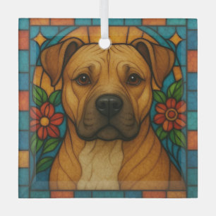 Fawn and White Pit Bull Dog "Stained Glass" Glass Ornament