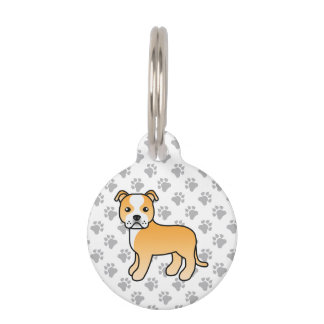 Fawn And White Staffie Cartoon Dog &amp; Pet's Info Pet ID Tag