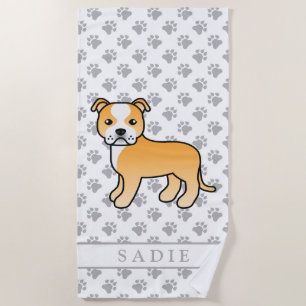 Fawn And White Staffie Cute Cartoon Dog & Name Beach Towel