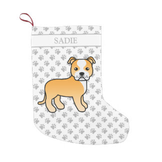 Fawn And White Staffie Cute Cartoon Dog &amp; Name Small Christmas Stocking