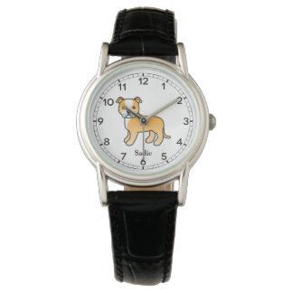 Fawn And White Staffie Cute Cartoon Dog &amp; Name Watch