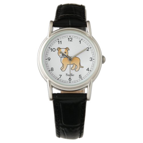 Fawn And White Staffie Cute Cartoon Dog  Name Watch