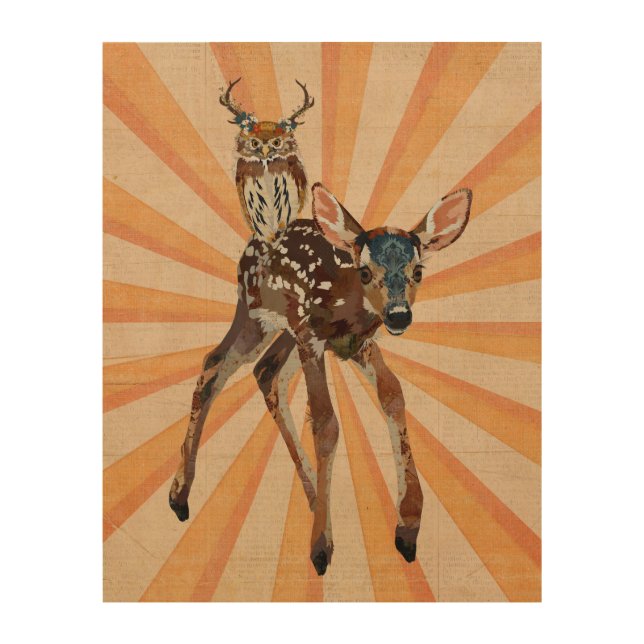 FAWN & ANTLER OWL Wooden Canvas Wood Wall Art (Front)