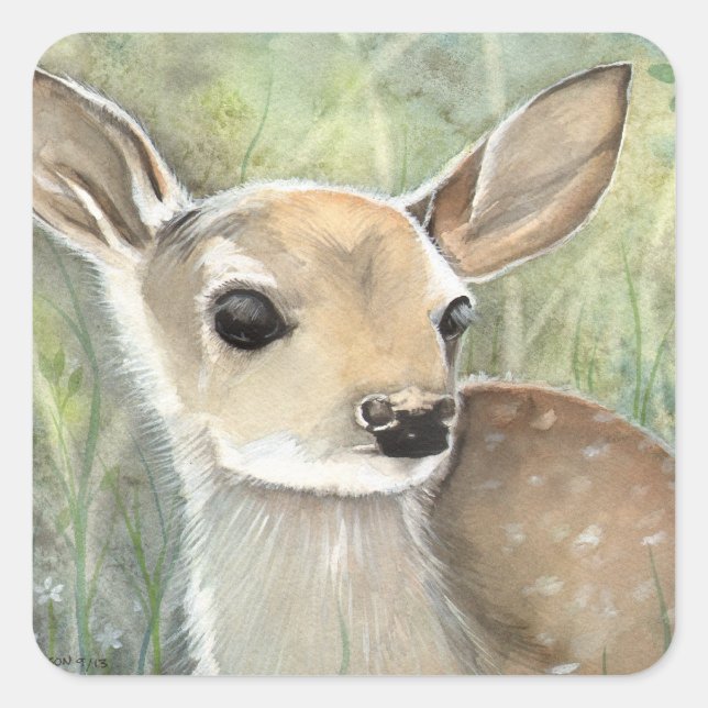 Fawn Baby Deer Wildlife Artwork Square Sticker (Front)