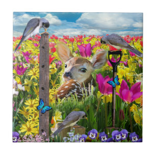 Fawn Birds Field of Flowers Ceramic Tile