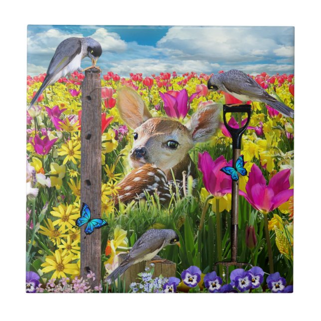 Fawn Birds Field of Flowers Ceramic Tile (Front)