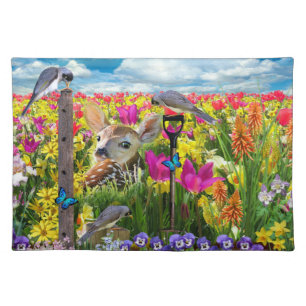 Fawn Birds Field of Flowers Cloth Placemat
