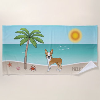 Fawn Boston Terrier At A Tropical Summer Beach -  Beach Towel