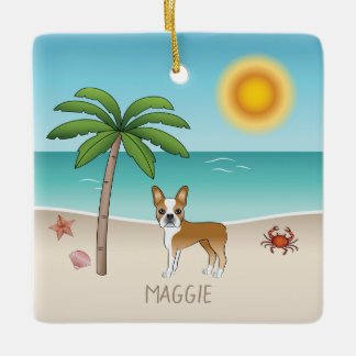 Fawn Boston Terrier At A Tropical Summer Beach Ceramic Ornament