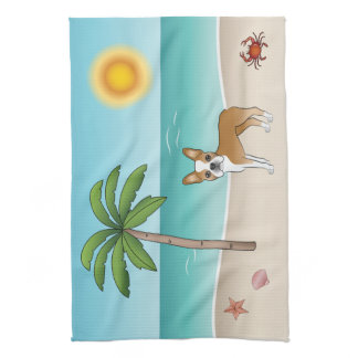 Fawn Boston Terrier At A Tropical Summer Beach Kitchen Towel