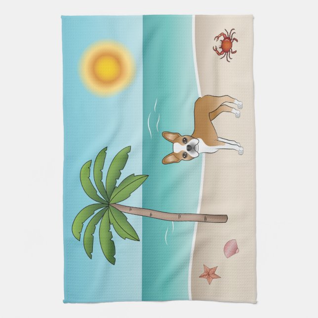 Fawn Boston Terrier At A Tropical Summer Beach Kitchen Towel (Vertical)