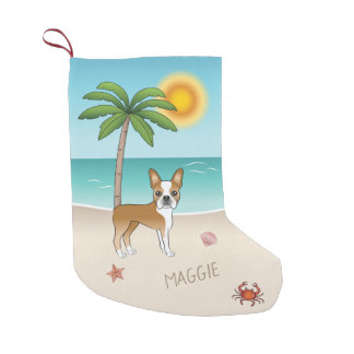 Fawn Boston Terrier At A Tropical Summer Beach Small Christmas Stocking
