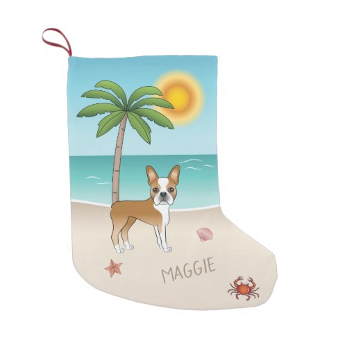Fawn Boston Terrier At A Tropical Summer Beach Small Christmas Stocking