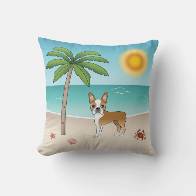 Fawn Boston Terrier At A Tropical Summer Beach Throw Pillow (Front)