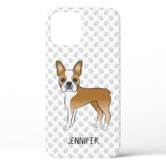 Fawn Boston Terrier Cartoon Dog &amp; Custom Name iPhone 12 Case