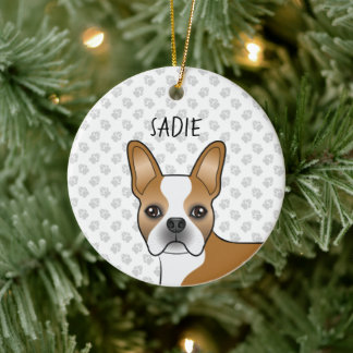 Fawn Boston Terrier Cartoon Dog &amp; Custom Name Ceramic Ornament
