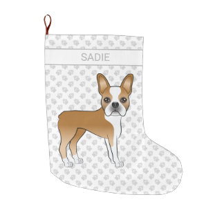 Fawn Boston Terrier Cartoon Dog &amp; Custom Name Large Christmas Stocking