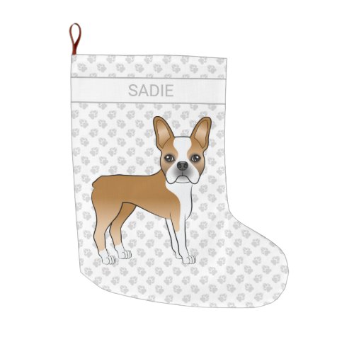 Fawn Boston Terrier Cartoon Dog  Custom Name Large Christmas Stocking