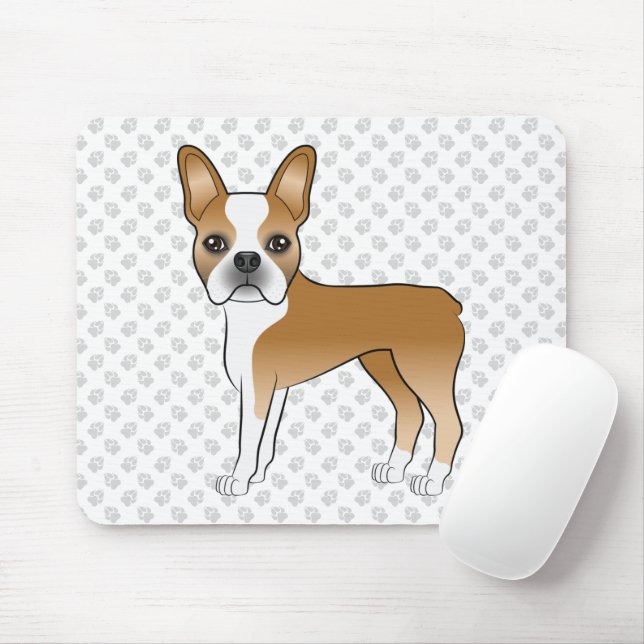 Fawn Boston Terrier Cartoon Dog & Gray Paws Mouse Pad (With Mouse)