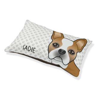 Fawn Boston Terrier Cartoon Dog Head &amp; Name Pet Bed