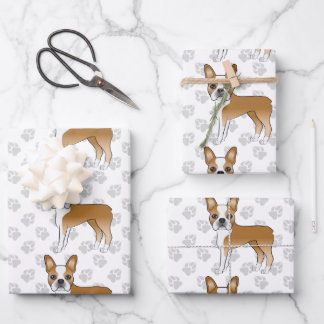 Fawn Boston Terrier Cartoon Dogs &amp; Paws Pattern Wrapping Paper Sheets