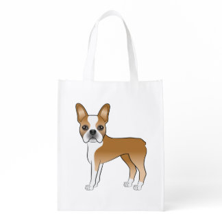 Fawn Boston Terrier Cute Cartoon Dog Design Grocery Bag