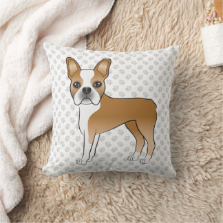 Fawn Boston Terrier Cute Cartoon Dog &amp; Gray Paws Throw Pillow