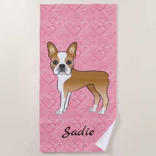 Fawn Boston Terrier Dog On Pink Hearts And Name Beach Towel